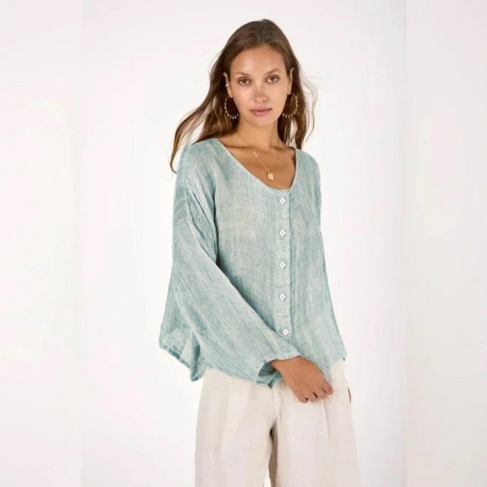 FLAX sea foam lagenlook button front blouse scoop-neck shirt Small S